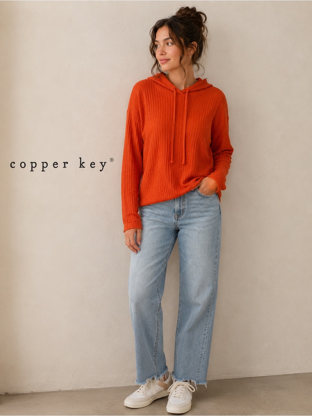 Copper Key Orange Waffle Knit Hooded Pullover Sweater XS
